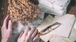 Senior hands holding dried flowers and letters, downsizing.